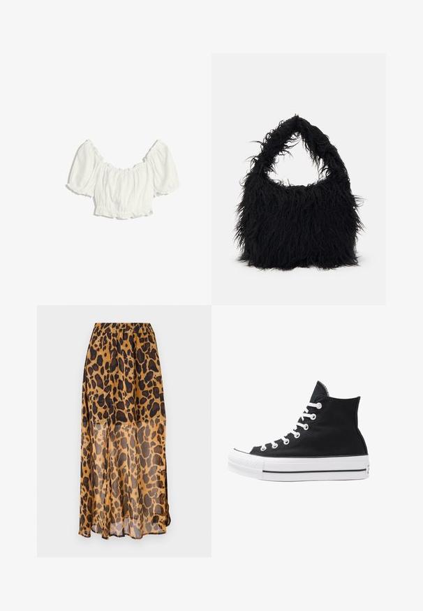 Hvid cropped bluse med pufferede korte ærmer og elastisk flæse ved halsudskæringen, taljen og ærmeafslutningerne.; Leopardtrykt nederdel lavet af let, gennemsigtigt stof. Har en elastisk talje og et flydende design med nuancer af brune og sorte pletter.; Højtop sort lærredssko med hvide øjetter, snørebånd og gummisål. Har en tekstureret tåhætte og sorte og hvide stribe-accenter.; Even&Odd Shopping bags - black