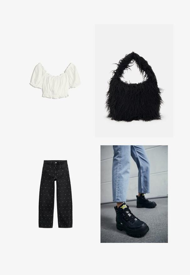 Bela skrajšana bluzica s napihnjenimi kratkimi rokavi in elastičnim nabranim ovratnikom, pasom in manšetami rokavov.; Črne široke kavbojke iz denima z vzorcem manjših srebrnih gromet, klasičnega pet-pocket dizajna in sprednjim zapiranjem na gumb.; Črne visoke superge s debelim podplatom, ki imajo vezalni dizajn, poudarke z logotipom in rumene oznake. Nosijo se s svetlo modrimi skrajšanimi hlačami.; Even&Odd Torba za nakupovanje - black