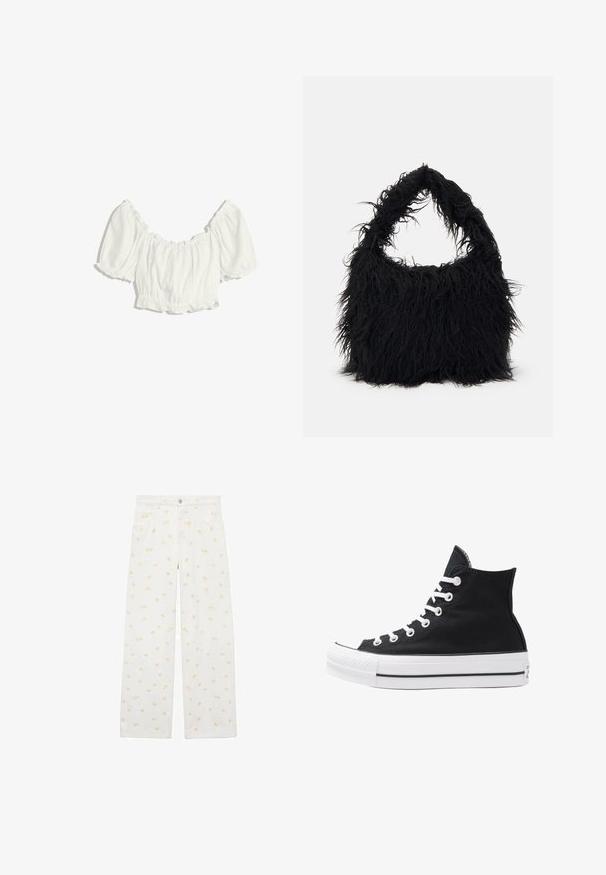 White cropped blouse with puffed short sleeves and elasticized ruffled neckline, waist, and sleeve cuffs.; White wide-leg pants made of denim, featuring an all-over light orange floral pattern and front pockets. Buttons at the waist for closure.; High-top black canvas sneaker with white eyelets, laces, and rubber sole. Features a textured toe cap and black and white stripe accents.; Even&Odd Tote bag - black