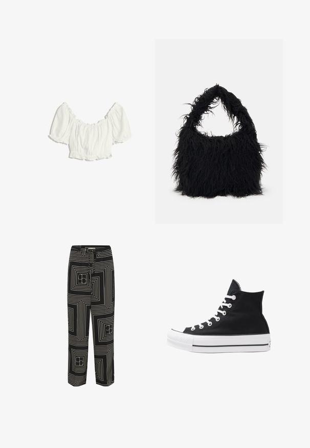 Witte cropped blouse met opstaande korte mouwen en elastische ruches bij de hals, taille en mouwboorden.; Zwarte broek met een geometrisch patroon van witte lijnen en vierkanten, ontworpen met een koord in de taille en een wijde pijp.; Hoge zwarte canvas sneaker met witte oogjes, veters en rubberen zool. Beschikt over een gestructureerde neuskap en zwart-witte streepaccenten.; Even&Odd Shopper - black