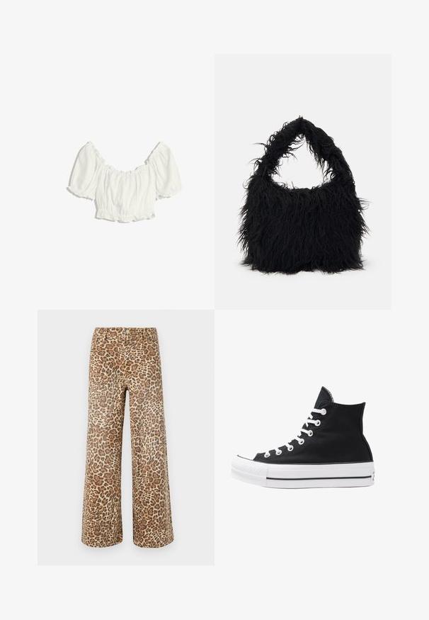 Witte cropped blouse met opstaande korte mouwen en elastische ruches bij de hals, taille en mouwboorden.; Leopardenprint wijde broek in tan en bruine tinten, met een klassieke tailleband, knoopsluiting en vijf zakken.; Hoge zwarte canvas sneaker met witte oogjes, veters en rubberen zool. Beschikt over een gestructureerde neuskap en zwart-witte streepaccenten.; Even&Odd Shopper - black