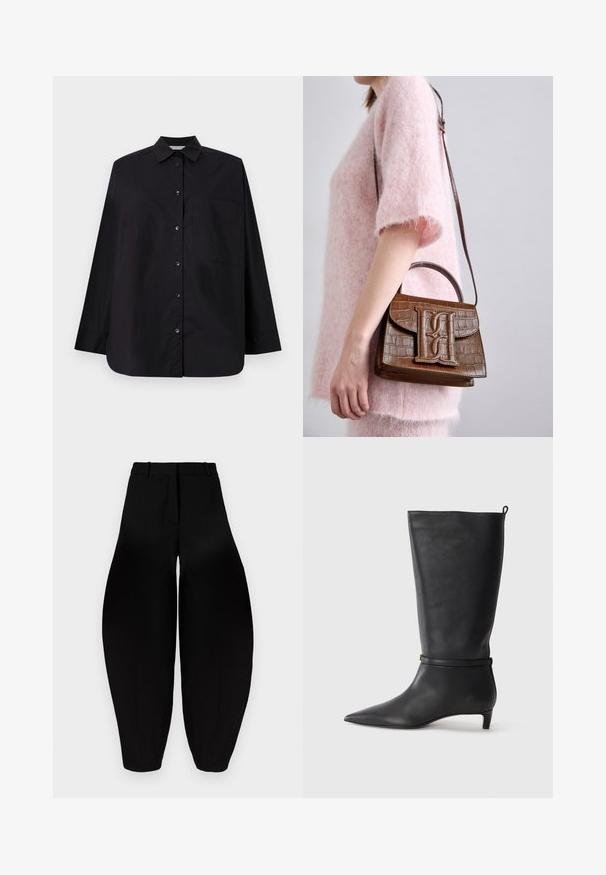 Čierna košeľa na gombíky vyrobená z hladkej textílie. Má golier, dlhé rukávy, jedno vrecko na hrudi a rovný spodný lem.; Čierne široké nohavice s vysokým pásom, skladaným predným dielom a užšími členkami. Vyrobené z hladkej látky s matným povrchom.; Čierne kožené vysoké čižmy po kolená s špicatou špičkou, s okrúhlym remienkom okolo členku a nízkym, zúženým podpätkom. Hladký povrch.; Hnedá kabelka s embosovaným vzorom krokodíla, so spodnou rukoväťou a ramenným popruhom. Obsahuje výrazné logo na prednom klape. Mäkká textúra.