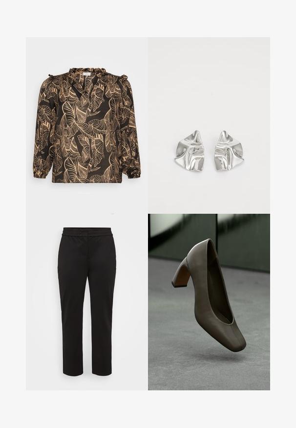 Blusa preta com um padrão de folhas em bege. Apresenta mangas longas, decote franzido e um corte solto. Feita de um tecido leve.; Calças pretas feitas de um tecido liso e elástico. Apresentam uma cintura larga e plana, e um corte reto sem bolsos visíveis.; Sapato de salto alto em pele verde-oliva escura, com ponta quadrada e salto bloco, flutuando acima de um piso de concreto cinza com um fundo verde desfocado.; Brincos de metal prateado com um design ondulante e escultural, apresentando um acabamento polido e formas irregulares, destacando uma estética contemporânea.