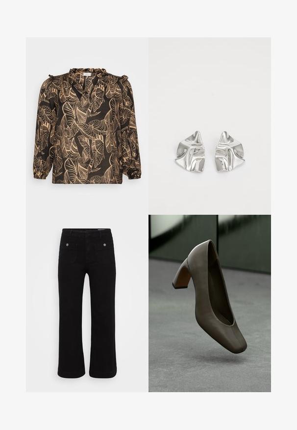 Bluză neagră cu un model de frunze în bej. Dispune de mâneci lungi, guler franjurat și o croială lejeră. Fabricată dintr-un material ușor.; Pantaloni din denim negru cu croială drept, cinci buzunare și accente de metal argintiu. Textură netedă și țesătură durabilă.; Pantof cu toc înalt din piele de culoare verde măsliniu închis, cu vârf pătrat și toc drept, plutind deasupra unei podele din beton gri, cu un fundal verde neclar.; Cercei din metal argintiu cu un design sculptural ondulat, prezentând o finisare lucioasă și forme neregulate, evidențiind o estetică contemporană.