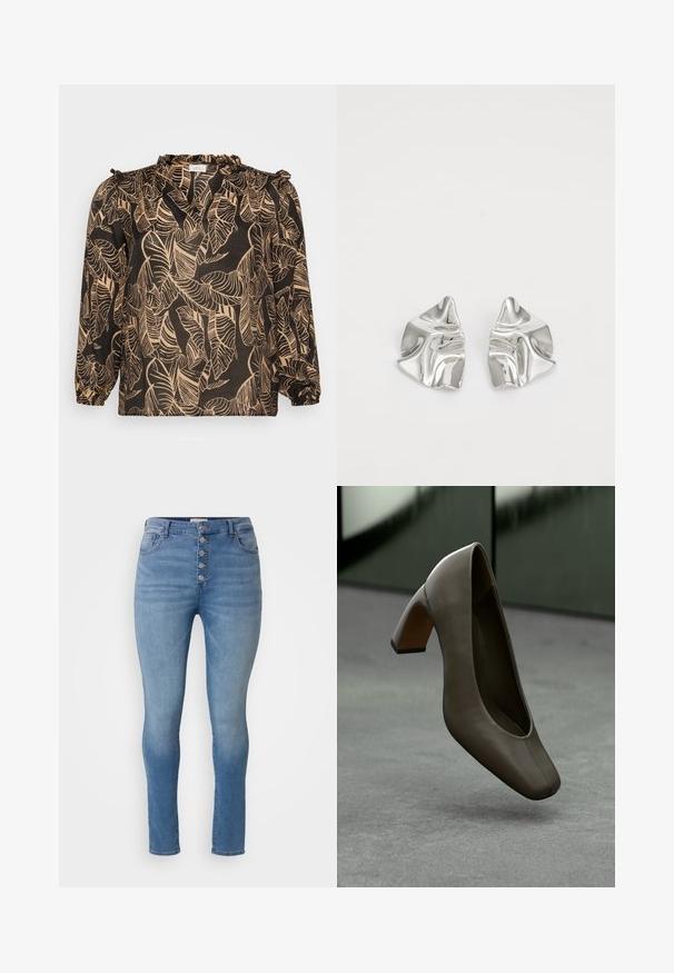 Črna bluza z listnatim vzorcem v bež barvi. Ima dolge rokave, naguban ovratnik in ohlapen kroj. Narejena je iz lahkega materiala.; ONLY Carmakoma CARHUSH MID BUTTON BOX - Oprijete (skinny) kavbojke - light blue; Temno olivno zeleni usnjeni čevlji s petami, kvadratnim nosom in blokasto peto, ki lebde nad sivo betonsko tla s zamegljeno zeleno ozadjem.; Srebrni kovinski uhani z valovitim, skulpturalnim dizajnom, ki se ponašajo s poliranim zaključkom in nerednimi oblikami, kar poudarja sodobno estetiko.