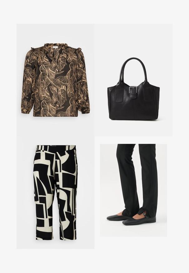 Čierna blúzka s lístkovým vzorom v béžovej farbe. Má dlhé rukávy, volánový dekolt a voľný strih. Vyrobená z ľahkej tkaniny.; Čierne a krémové abstraktné vzorované skrátené nohavice so hladkou textúrou a elastickým pásom, s geometrickými tvarmi po celom povrchu.; Čierne kožené baletky s špicatou špičkou, remienkom so striebornou prackou, skombinované s čiernymi strihovými nohavicami so rozparkom na leme.; Čierna kožená taška s hladkou textúrou, štruktúrovaným tvarom, dvoma uchami a výrazným strieborným prackovým detailom na prednej strane.; Strieborné kovové náušnice s vlnitým, sochárskym dizajnom, s lešteným povrchom a nepravidelnými tvarmi, ktoré zvýrazňujú súčasnú estetiku.