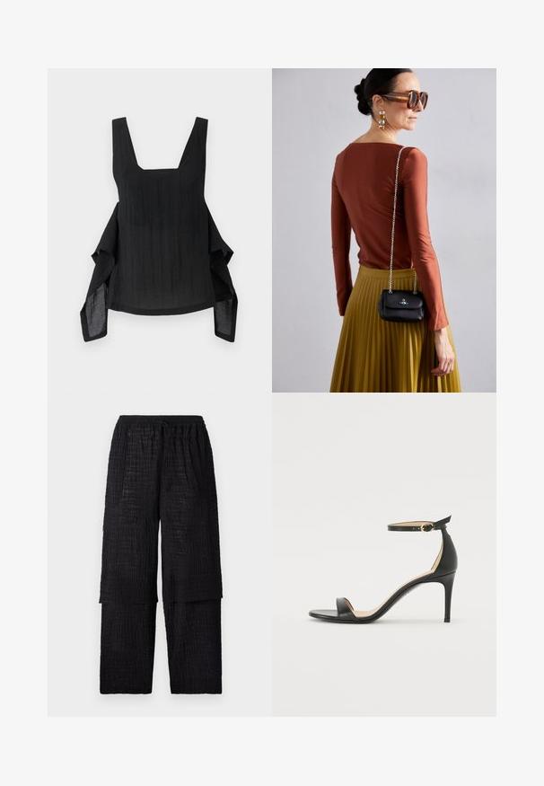 Zwarte mouwloze top met een vierkante halslijn, vloeiende stof, asymmetrische zoom en textuurdetail.; Henrik Vibskov SHANTS PANTS - Broek - black; Zwarte leren hoge hak sandaal met enkelbandje. Heeft een gladde textuur, open teen en een dunne hak. Gouden gesp detail.; Vivienne Westwood SMALL PURSE CHAIN - Schoudertas - black