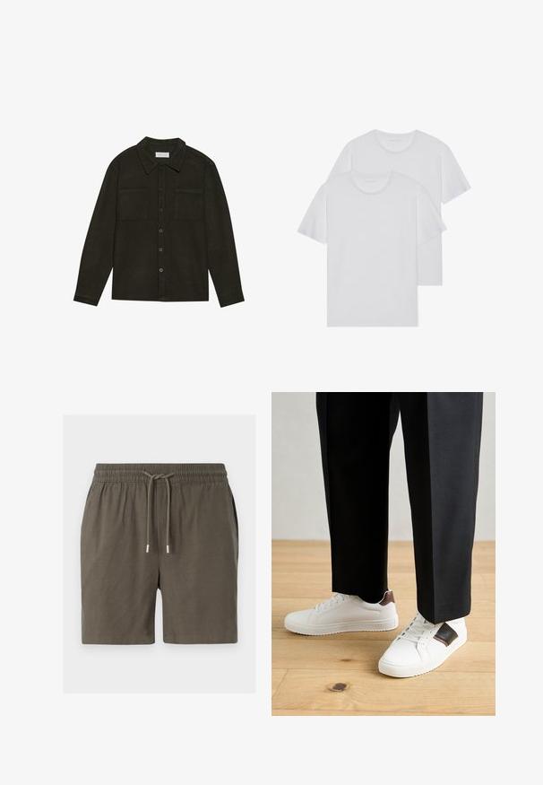 Dunkelgrünes Button-up-Hemd aus strukturiertem Stoff, mit Kragen, zwei Brusttaschen und langen Ärmeln mit Knopfmanschetten.; Zwei weiße Baumwoll-T-Shirts mit Rundhalsausschnitt, kurzen Ärmeln und einer weichen Textur. Beide haben eine einheitliche Farbe und keine sichtbaren Muster oder Hardware.; Dunkelgrüne Shorts mit elastischem Bund, Kordelzugverschluss und einer glatten, leichten Textur. Keine sichtbaren Taschen oder Muster.; Weiße Sneakers mit glatter Textur, versehen mit braunen Lederakzenten und schwarzen Details, kombiniert mit schwarzen maßgeschneiderten Hosen. Hintergrund aus Holzboden.