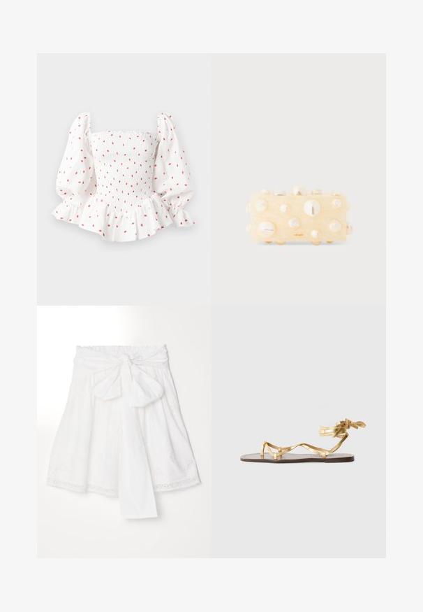 White blouse with smocked bodice, puffed sleeves, and ruffled hem. Patterned with small red dots. Cotton material with a soft texture.; Erdem SKIRT WITH GATHERED WASIT - A-line skirt - white; Flat sandal featuring a gold metallic finish, thin straps, and a tie closure. The sole is made of brown leather with minimal design.; Cream rectangular clutch with raised, glossy, pearl-like accents. Smooth texture with a subtle marbled design and logo in orange.