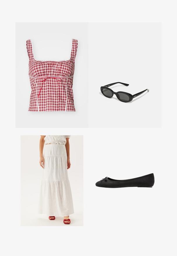 Top in tessuto a quadretti rossi e bianchi con scollatura quadrata, design arricciato, fiocco rosso regolabile e dettagli in pizzo bianco lungo i bordi.; Gonna maxi bianca a strati in cotone ricamato, con motivi floreali ritagliati. Completata da sandali con tacco rossi.; Ballerine in suede nero con punta arrotondata, caratterizzate da un fiocco decorativo sulla parte anteriore e un design a suola piatta. Texture liscia e forma classica.; Occhiali da sole neri con lenti ovali, montatura in plastica lucida e stecche sottili. Presentano il logo Ray-Ban in bianco sul lato.