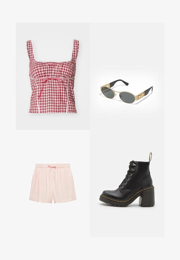Červená a biela kockovaná látková blúzka so štvorcovým výstrihom, nariasený dizajn, nastaviteľná červená šnúrka a biele čipkové akcenty pozdĺž okrajov.; Svetloružové šortky s bielymi vertikálnymi pruhmi, elastickým pásom a šnúrkou. Obsahujú bočné vrecká a voľný, uvoľnený strih.; Čierne kožené členkové topánky s hrubým vysokým podpätkom, šnurovaním vpredu, kovovými očkami a žltým prešívaním pozdĺž podrážky. Štruktúrovaná gumová podrážka.; Oválne slnečné okuliare so zlatým kovovým rámom a šedými sklami. Majú čierne acetátové nožičky so zlatými akcentmi a detailom loga na stranách.; Zlaté guľové náušnice s lesklým, odrazovým povrchom. Dizajn je jednoduchý a hladký, čím vytvára moderný, minimalistický vzhľad.