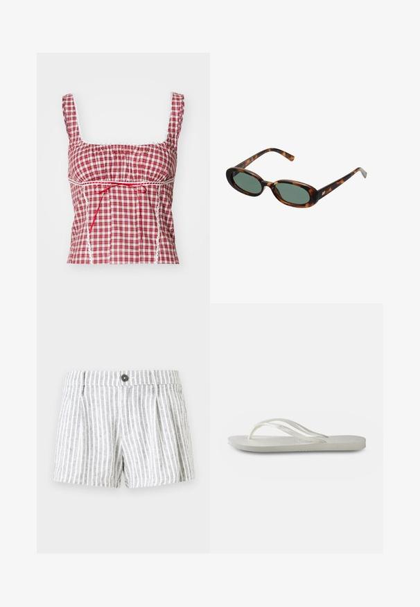 Rødrutete og hvit rutete stofftopp med firkantet halslinje, rynket design, justerbar rød knyting og hvite blondekanter langs kantene.; Rutet shorts i lys grå og hvit, med knappeåpning, folder foran og et mykt, strukturert stoff.; Hvit flip-flop med teksturert såle, som har tynne stropper og flatt design. Laget av gummi med en subtil logo på fotbunnen.; Skilpadde-skjold solbriller med ovale rammer og grønne linser. Har tynne stenger med en metallisk aksent nær hengslene.