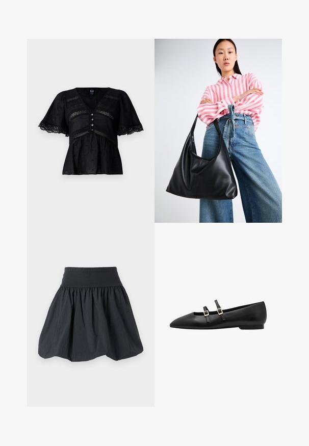 Blusa negra con mangas cortas acampanadas, que presenta un escote en V, adorno de ojales decorativos y cierre de cinco botones. Tejido texturizado con sutiles patrones.; Falda negra de cintura elástica, hecha de un tejido ligero y arrugado. Presenta una silueta acampanada y una textura fruncida para mayor volumen.; Zapato plano de piel negra con punta afilada, que presenta dos correas negras y hebillas cuadradas doradas. Textura suave y suela de perfil bajo.; Bolso de hombro de cuero negro con forma relajada y detalles de costura. La modelo lleva una camisa a rayas rosas y blancas con jeans de pierna ancha azules.