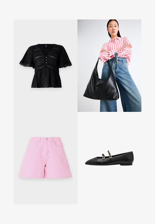 Svart bluse med korte, utsvingte ermer, har V-hals, dekorativ øyelet trim og fem-knapps lukking. Strukturert stoff med subtile mønstre.; Rosa og hvite stripete shorts med knapp og glidelås, har frontlommer og en avslappet passform. Laget av bomull, glatt tekstur.; Sorte lær flate sko med spiss tå, som har to svarte stropper og gull firkantede spenner. Glatt tekstur og lavprofil såle.; Svart skinn skulderveske med en avslappet form og sømdetaljer. Modellen har på seg en rosa og hvit stripete skjorte med vide blå jeans.