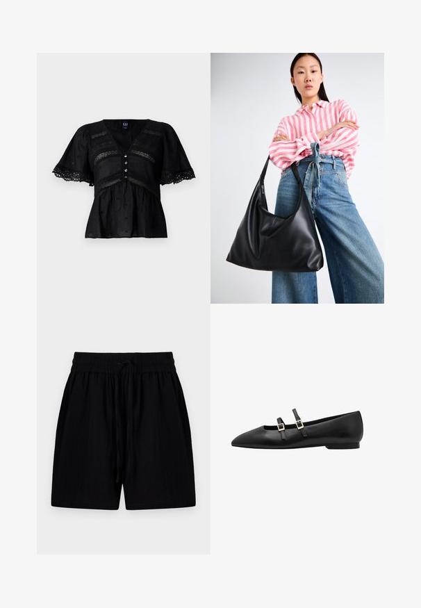 Crna bluzica s kratkim, raširenim rukavima, s V-izrezom, dekorativnim čipkastim detaljima i zatvaranjem na pet dugmadi. Teksturalna tkanina s suptilnim uzorcima.; Crne kratke hlače od lagane tkanine s pojasom na vezanje, s bočnim džepovima i teksturiranom površinom.; Crne kožne ravne cipele s oštrim vrhom, koje imaju dvije crne trake i zlatne kvadratne kopče. Glatka tekstura i niska potplat.; Crna kožna torba preko ramena sa opuštenim oblikom i detaljima šavova. Model nosi majicu s ružičasto-bijelim prugama i široke plave traperice.