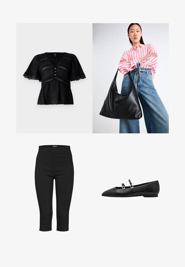 Juoda bluzelė su trumpomis, plačiomis rankovėmis, V formos iškirpte, dekoratyvine iškarpų puošyba ir penkių mygtukų uždarymu. Textūruotas audinys su subtiliais raštais.; Juodos capri kelnės, pagamintos iš tamprių audinių. Turi prigludusį juosmens diržą, šonines kišenes ir trumpą ilgį su lygiu paviršiumi.; Juodos odinės plokščios bateliai su smailiu nosiu, turintys dvi juodas juostas ir auksinius kvadratinius sagtis. Lygus paviršius ir žemas padas.; Juodas odinis peties krepšys su laisvu siluetu ir siūlų detalėmis. Modelis vilki rožinės ir baltos spalvos dryžuotą marškinėlį bei plačius mėlynus džinsus.