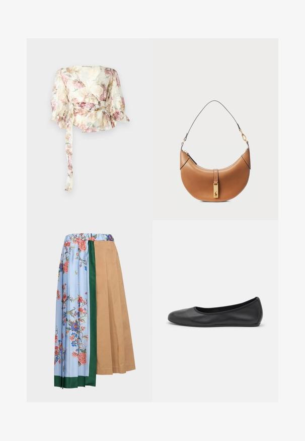 Blumenwickelbluse aus transparenter, leichter Stoff. Mit Pastellrosenmuster, langen Puffärmel und einem Bindegürtel in der Taille.; WEEKEND MaxMara OPEROSO - A-Linien-Rock - beige; Schwarze Leder-Ballettschuhe mit abgerundeter Spitze, glatter Textur, minimalen Nähdetails und einem flexiblen Sohlen-Design.; Taschenhandtasche aus tanfarbenem Leder mit geschwungener Form, goldenen Beschlägen und einem dünnen Schulterriemen. Verfügt über einen Reißverschlussverschluss und ein Logodetail auf der Vorderseite.