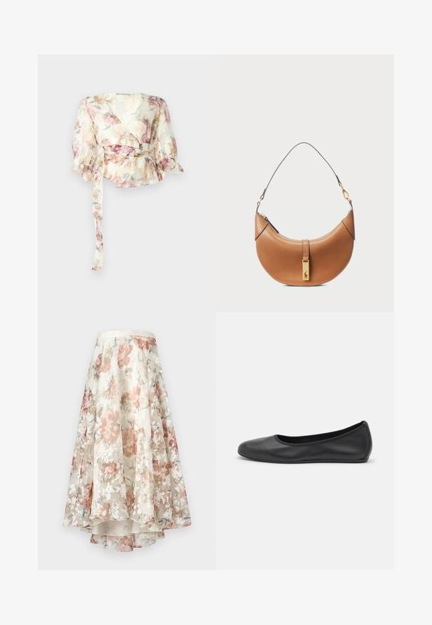 Blumenwickelbluse aus transparenter, leichter Stoff. Mit Pastellrosenmuster, langen Puffärmel und einem Bindegürtel in der Taille.; Florale Midikleid aus durchsichtigem Stoff, mit asymmetrischem Saum, mit Blüten in Pastellfarben in Rosa, Weiß und Grün auf einem cremefarbenen Hintergrund.; Schwarze Leder-Ballettschuhe mit abgerundeter Spitze, glatter Textur, minimalen Nähdetails und einem flexiblen Sohlen-Design.; Taschenhandtasche aus tanfarbenem Leder mit geschwungener Form, goldenen Beschlägen und einem dünnen Schulterriemen. Verfügt über einen Reißverschlussverschluss und ein Logodetail auf der Vorderseite.