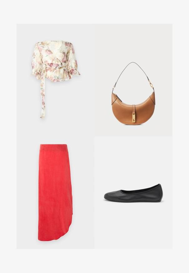 Blouse à manches longues en tissu transparent et léger avec un motif floral pastel. Présente des manches bouffantes et une ceinture à nouer à la taille.; Jupe rouge, longueur cheville en tissu léger et lisse. Présente un ourlet incurvé et une couleur unie sans motifs ni ornements visibles.; Ballerines en cuir noir avec un bout rond, texture lisse, détails de couture minimalistes et design de semelle flexible.; Sac à main en cuir tan avec une forme incurvée, quincaillerie dorée et une fine bandoulière. Présente une fermeture éclair et un détail de logo à l'avant.
