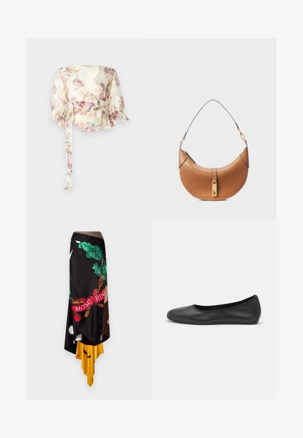 Blouse à manches longues en tissu transparent et léger avec un motif floral pastel. Présente des manches bouffantes et une ceinture à nouer à la taille.; Jupe asymétrique noire avec des motifs audacieux verts et rouges, dotée d'une taille marron et d'un ourlet contrastant jaune. Tissu lisse et texturé.; Ballerines en cuir noir avec un bout rond, texture lisse, détails de couture minimalistes et design de semelle flexible.; Sac à main en cuir tan avec une forme incurvée, quincaillerie dorée et une fine bandoulière. Présente une fermeture éclair et un détail de logo à l'avant.