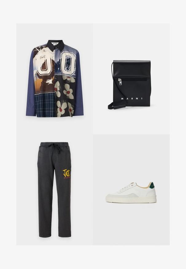 Mehrfarbiges Hemd mit Knopfleiste, das eine Mischung aus Mustern wie Blumen- und Grafikdrucks zeigt, mit einem schwarzen Kragen und langen Ärmeln.; Dunkelgraue Jogginghose mit elastischem Bund und Kordelzug. Mit Seitentaschen und einer mehrfarbigen Grafik am linken Oberschenkel.; Weiße Sneaker mit Wildlederelementen, runder Zehenpartie, flachen Schnürsenkeln und einer cremefarbenen Gummisohle. Mit grünen Markenlogo am Fersenbereich.; Schwarze Leder-Crossbody-Tasche mit einer Reißverschlusstasche vorne, geprägtem Logo und verstellbarem Tragegurt. Glatte Oberfläche mit strukturierter Form.