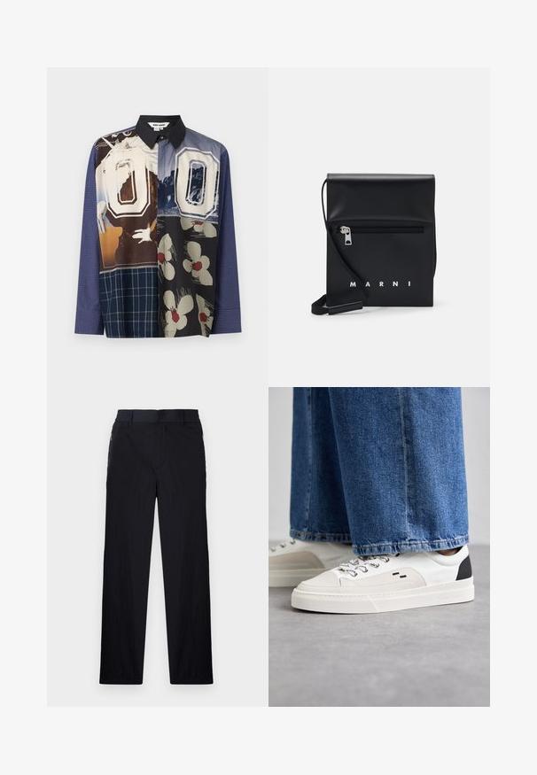 Multicolore overhemd met knoopsluiting met een mix van patronen, waaronder bloemmotieven en grafische prints, met een zwarte kraag en lange mouwen.; Zwarte broek van een lichtgewicht, gestructureerde stof, met een recht model, elastische Tailleband en zijzakken met rits.; Witte en zwarte sneakers met een glad leren bovenwerk, textuuraccenten en een chunky witte zool. Heeft een klassiek vetersluiting ontwerp.; Zwarte leren schoudertas met een ritsvak aan de voorkant, reliëflogo en verstelbare schouderband. Soepele textuur met een gestructureerde vorm.
