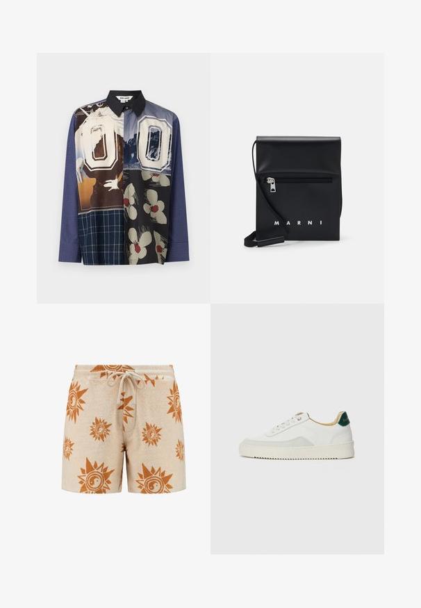 Hedvábná košile s mnoha barvami, na které se prolínají různé vzory, včetně květinových a grafických tisků, s černým límcem a dlouhými rukávy.; Béžové šortky z ručníku s vzorem slunce a jin-jangu v rezavě oranžové barvě. Elastický pas s šňůrkou, měkká textura a délka do poloviny stehna.; Bílé tenisky se semišovými prvky, kulatou špičkou, plochými tkaničkami a krémovou gumovou podrážkou. Na patě mají zelené logo.; Černá kožená kabelka přes rameno s přední zipovou kapsou, embosovaným logem a nastavitelným popruhem. Hladký povrch s pevnou strukturou.
