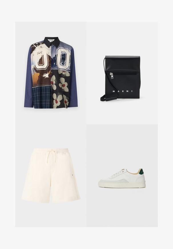 Mitmevärviline nööpidega särk, mis sisaldab erinevaid mustreid, sealhulgas lille- ja graafilisi trükiseid, musta kraega ja pikkade varrukatega.; Kreemikas värvi lühikesed püksid pehmest kangast, millel on elastne vöökoht koos paeltega, küljetaskud ja mugav lõige.; Valged tennisjalanõud, millel on sametised aktsendid, ümar varvas, lame nöörid ja kreemjas kummine põhja. Hästi nähtav roheline bränding kannal.; Mustmust nahast õlakott, millel on tõmblukk eesmine tasku, embosseeritud logo ja reguleeritav rihm. Sile tekstuur koos struktureeritud kujuga.