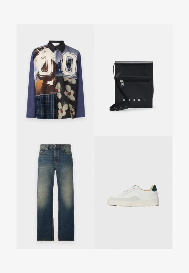 Πολύχρωμο πουκάμισο με κουμπιά που διαθέτει συνδυασμό σχεδίων, συμπεριλαμβανομένων λουλουδάτων και γραφικών εκτυπώσεων, με μαύρο γιακά και μακριά μανίκια.; Τζιν παντελόνι σε ίσια γραμμή σε μπλε χρώμα με φθαρμένη εμφάνιση, αντίθετη ραφή, πέντε τσέπες και παραδοσιακή κούμπωμα με κουμπί και φερμουάρ.; Λευκά sneakers με σουέτ λεπτομέρειες, στρογγυλή μύτη, επίπεδα κορδόνια και κρέμα από καουτσούκ σόλα. Διαθέτει πράσινη επωνυμία στη φτέρνα.; Μαύρη δερμάτινη τσάντα χιαστί με φερμουάρ στην μπροστινή τσέπη, ανάγλυφο λογότυπο και ρυθμιζόμενο λουρί. Λείος υφάσματος με δομημένο σχήμα.