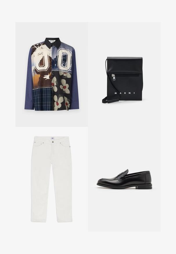 Multifarvet knapskjorte med en blanding af mønstre, herunder blomster- og grafiske prints, med en sort krave og lange ærmer.; Hvide denimjeans med lige pasform, fem lomme-design og sølvfarvede metaldele. Materialet har en glat tekstur og en ukompliceret stil.; Sorte læderloafers med en glat overflade, rund tå og en dekorativ strop over vampen. Lav hæl med stabeldesign, minimalistisk stil.; Sort læder crossbody taske med en lynlåslomme foran, præget logo og justerbar rem. Glat tekstur med en struktureret form.