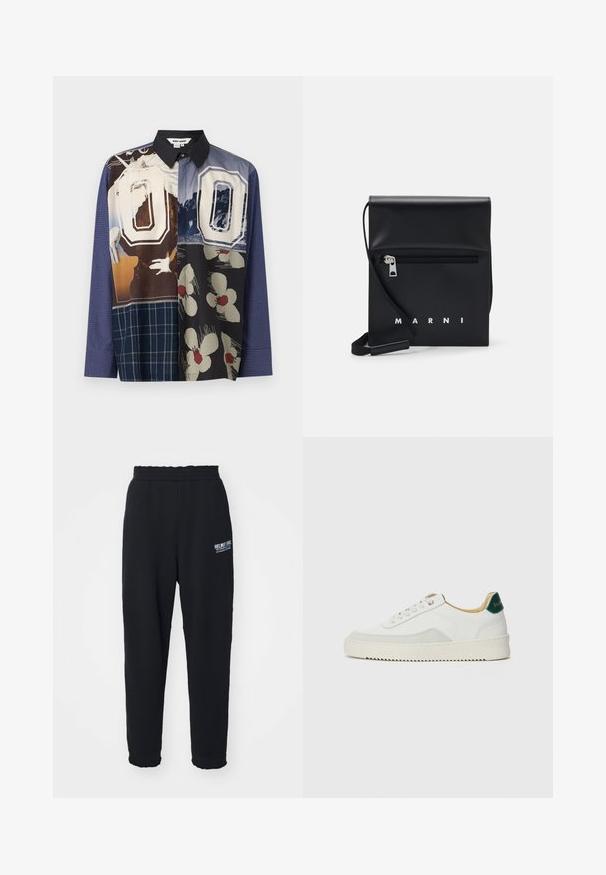 Mehrfarbiges Hemd mit Knopfleiste, das eine Mischung aus Mustern wie Blumen- und Grafikdrucks zeigt, mit einem schwarzen Kragen und langen Ärmeln.; Schwarze Sweatpants aus weichem Gewebe, mit einem elastischen Bund, schmal zulaufenden Beinen und einem kleinen weißen Logo auf der linken Seite.; Weiße Sneaker mit Wildlederelementen, runder Zehenpartie, flachen Schnürsenkeln und einer cremefarbenen Gummisohle. Mit grünen Markenlogo am Fersenbereich.; Schwarze Leder-Crossbody-Tasche mit einer Reißverschlusstasche vorne, geprägtem Logo und verstellbarem Tragegurt. Glatte Oberfläche mit strukturierter Form.
