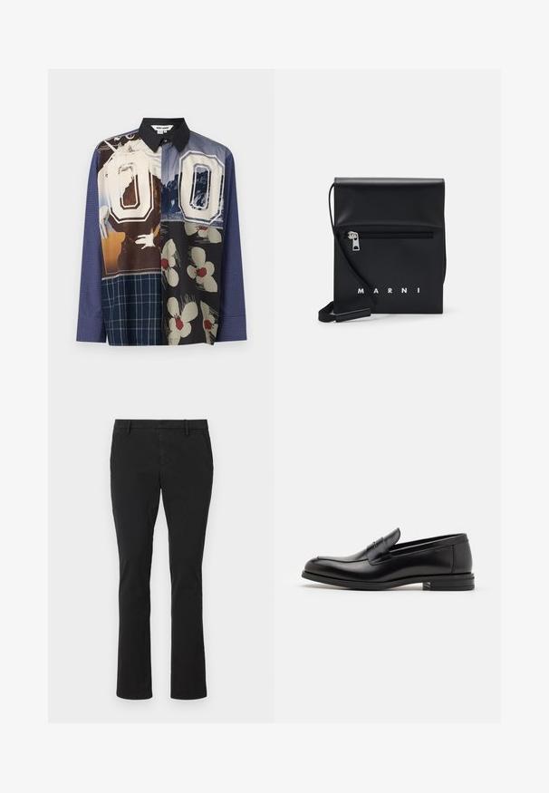 Dažādu krāsu pogājamā krekla ar vairākiem rakstiem, tostarp ziedu un grafiskām apdrukām, melna apkakle un garas piedurknes.; Melnās chinos bikses, izgatavotas no kokvilnas, ar šauru piegriezumu, taisnām kājām, priekšējām kabatām un gludu, patīkamu tekstūru, piemērotas dažādām izdevībām.; Melnas ādas kurpes ar gludu tekstūru, noapaļu purngalu un dekoratīvu siksniņu pāri priekšpusei. Zems sakrauts papēdis, minimālisma dizains.; Melnas ādas plecu soma ar rāvējslēdzēja priekšējo kabatu, iepresēto logotipu un regulējamu siksnu. Raita tekstūra ar strukturētu formu.