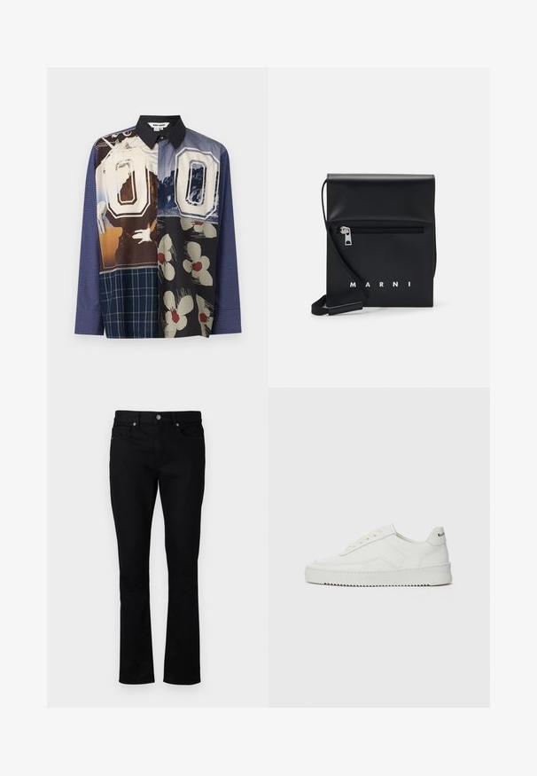 Monivärinen nappikauluspaita, jossa on sekoitus kuvioita, mukaan lukien kukkakuosit ja graafiset printit, mustalla kauluksella ja pitkillä hihoilla.; Mustat farkut suoralla lahkeella, joissa on keskikorkea vyötärö, viisi taskua ja metalliset yksityiskohdat. Pehmeä rakenne.; Valkoinen nahkakenkä, jossa on sileä pinta, pyöreä kärki, tasaiset nauhat ja teksturoitu pohja. Sisältää huomaamattoman logon kantapäässä.; Musta nahkainen olkalaukku, jossa on vetoketjullinen etutasku, kohokuvioitu logo ja säädettävä hihna. Sujuva tekstuuri ja jämäkkä muoto.