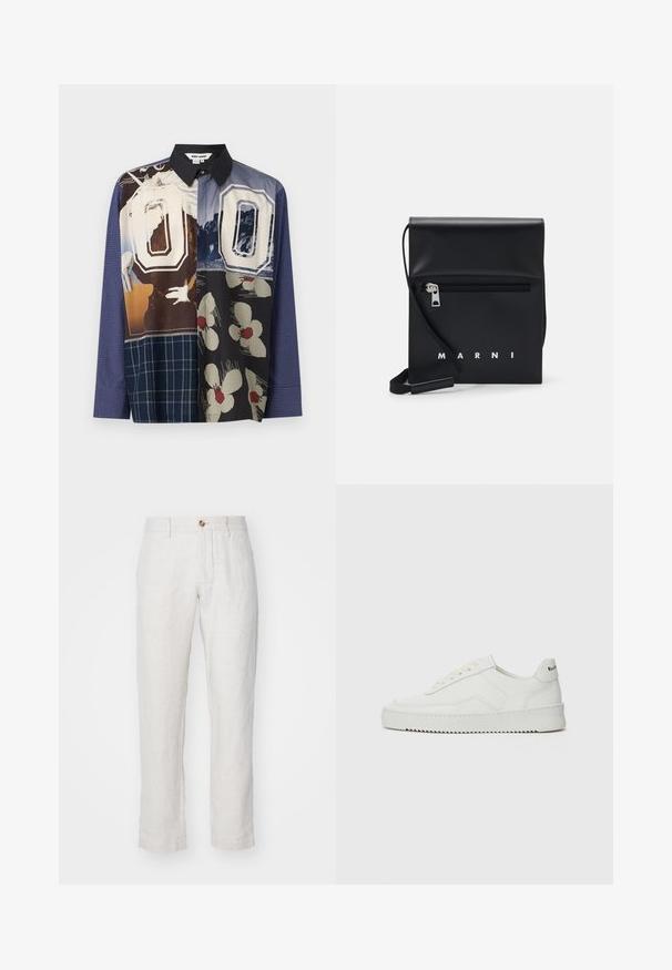 Multicolored button-up shirt featuring a mix of patterns, including floral and graphic prints, with a black collar and long sleeves.; NN.07 THEO - Trousers - beige; White leather sneaker with a smooth finish, round toe, flat laces, and a textured sole. Features a subtle logo on the heel.; Black leather crossbody bag with a zippered front pocket, embossed logo, and adjustable strap. Smooth texture with a structured shape.