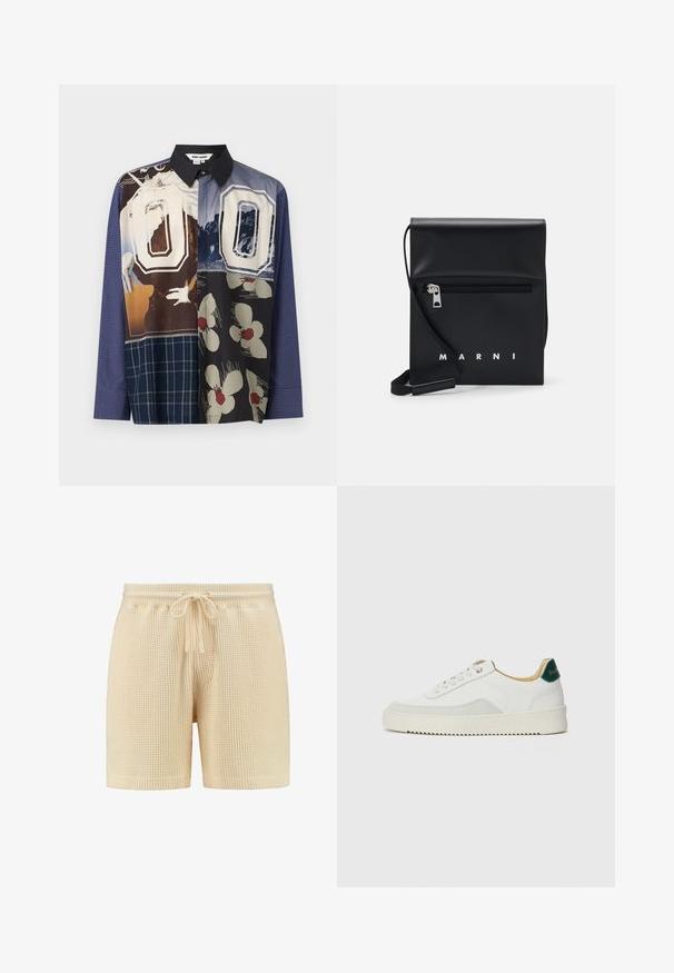 Daugiakampė marškiniai su mygtukais, pasipuošę įvairiomis raštų kombinacijomis, įskaitant gėlių ir grafinius spaudinius, su juodu apykakle ir ilgomis rankovėmis.; Šviesiai rudos spalvos vafliniai šortai su elastine juostele, raišteliu užsegimu ir laisvu siluetu. Paprastas dizainas be raštų ar papildomų akcentų.; Baltos sportbačiai su zomšos akcentais, apvaliu nosiu, plokščiais raišteliais ir kreminės spalvos guminiu padu. Ant kulno yra žalia ženklinimo detalė.; Juodas odinis per petį nešiojamas krepšys su užtrauktuku ant priekio, iškilminiu logotipu ir reguliuojama juosta. Lygi tekstūra su struktūrizuota forma.