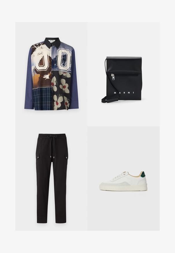 Dažādu krāsu pogājamā krekla ar vairākiem rakstiem, tostarp ziedu un grafiskām apdrukām, melna apkakle un garas piedurknes.; Melnas sporta bikses, izgatavotas no mīkstas auduma, ar sagrieztu jostu, divām sānu kabatām ar atloki un sašaurinātiem piedurkņu galiem pie potītēm.; Baltas sneakers ar zamša akcentiem, noapaļota purngala, plakaniem auklām un krēmkrāsas gumijas zoli. Ar zaļu zīmolu uz papēža.; Melnas ādas plecu soma ar rāvējslēdzēja priekšējo kabatu, iepresēto logotipu un regulējamu siksnu. Raita tekstūra ar strukturētu formu.