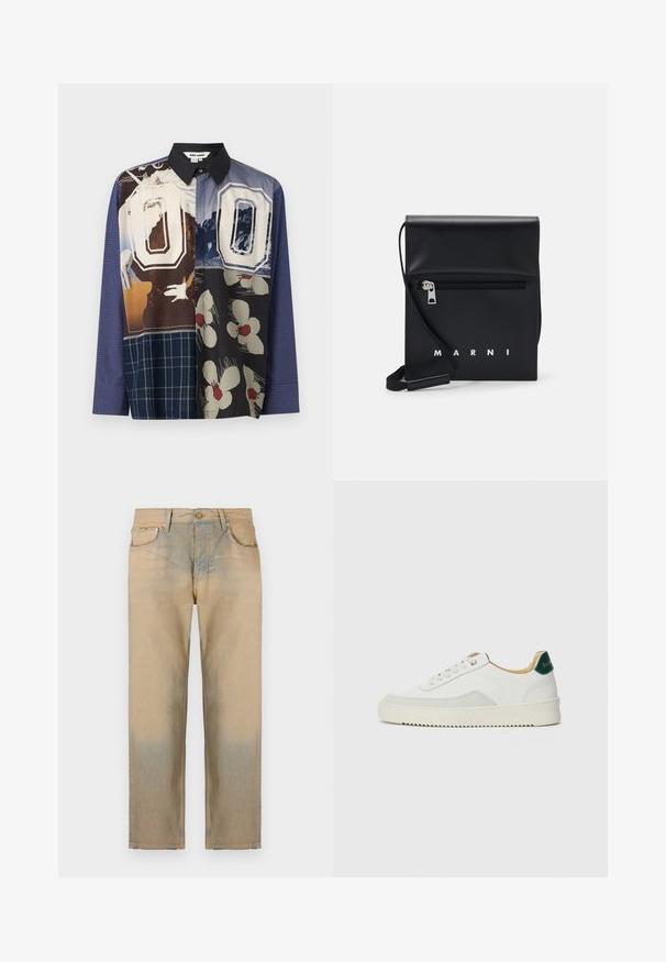 Daugiakampė marškiniai su mygtukais, pasipuošę įvairiomis raštų kombinacijomis, įskaitant gėlių ir grafinius spaudinius, su juodu apykakle ir ilgomis rankovėmis.; Beige džinsai su tiesiu kirpimu, turintys išblukimo efektą apačioje, penkių kišenių dizainą ir sagą uždarymui.; Baltos sportbačiai su zomšos akcentais, apvaliu nosiu, plokščiais raišteliais ir kreminės spalvos guminiu padu. Ant kulno yra žalia ženklinimo detalė.; Juodas odinis per petį nešiojamas krepšys su užtrauktuku ant priekio, iškilminiu logotipu ir reguliuojama juosta. Lygi tekstūra su struktūrizuota forma.