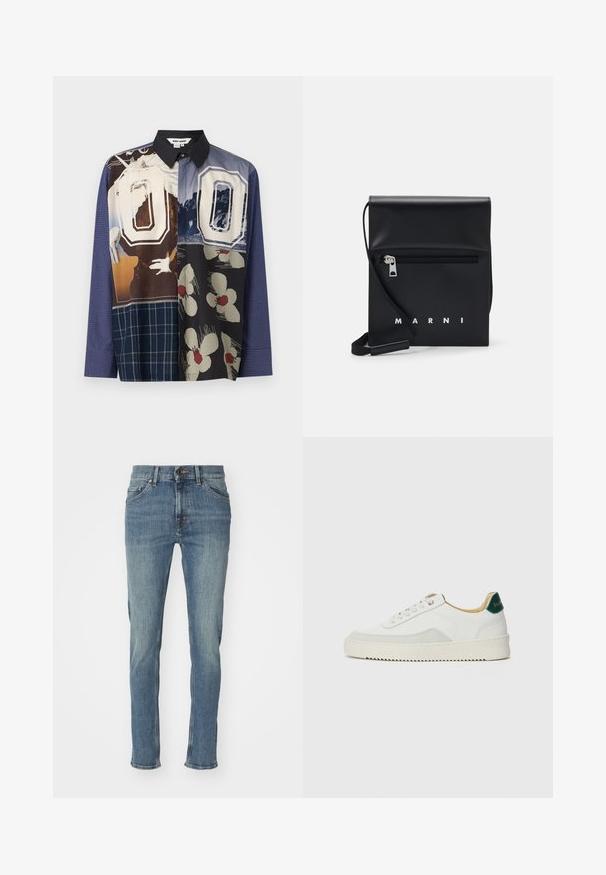 Multicolored button-up shirt featuring a mix of patterns, including floral and graphic prints, with a black collar and long sleeves.; Light blue denim jeans with a straight-leg cut, featuring a zip fly, five-pocket design, and subtle fading along the legs.; White sneaker with suede accents, rounded toe, flat laces, and a cream rubber sole. Features green branding on the heel.; Black leather crossbody bag with a zippered front pocket, embossed logo, and adjustable strap. Smooth texture with a structured shape.