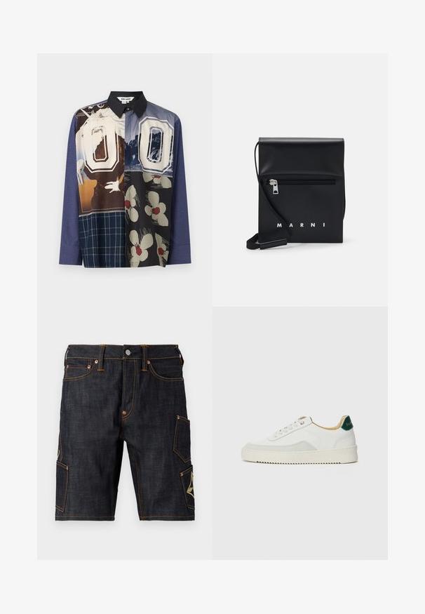 Multicolore overhemd met knoopsluiting met een mix van patronen, waaronder bloemmotieven en grafische prints, met een zwarte kraag en lange mouwen.; Donkerdenim shorts met een rechte snit, voorzien van contrasterende oranje stiksels, vijf zakken en een cargozak met een embleem.; Witte sneaker met suède accenten, ronde neus, platte veters en een crème rubberen zool. Bevat groene branding op de hiel.; Zwarte leren schoudertas met een ritsvak aan de voorkant, reliëflogo en verstelbare schouderband. Soepele textuur met een gestructureerde vorm.