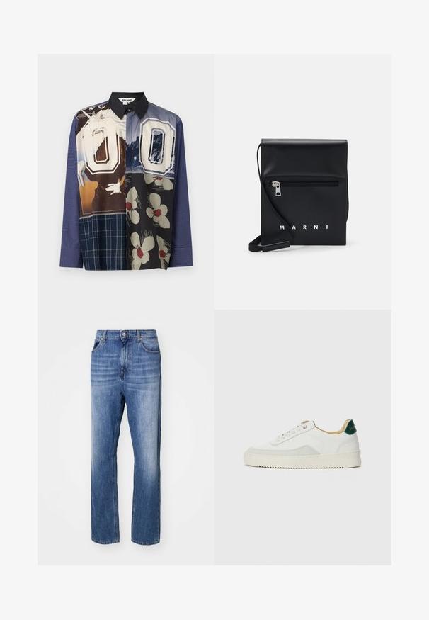 Hedvábná košile s mnoha barvami, na které se prolínají různé vzory, včetně květinových a grafických tisků, s černým límcem a dlouhými rukávy.; Modré džíny z denimu se střihem rovného nohavice. Mají zapínání na knoflík a zip, pět kapes a vybledlý vzhled pro texturu.; Bílé tenisky se semišovými prvky, kulatou špičkou, plochými tkaničkami a krémovou gumovou podrážkou. Na patě mají zelené logo.; Černá kožená kabelka přes rameno s přední zipovou kapsou, embosovaným logem a nastavitelným popruhem. Hladký povrch s pevnou strukturou.