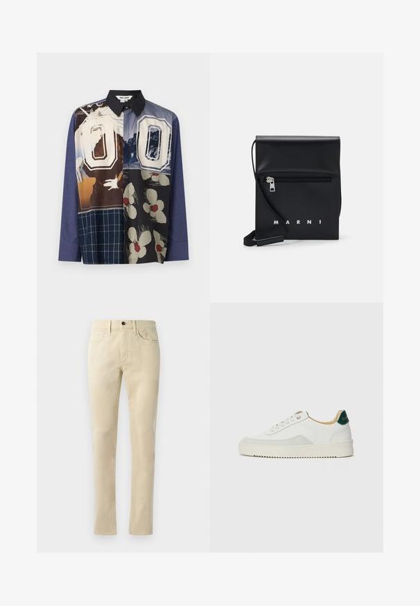 Hedvábná košile s mnoha barvami, na které se prolínají různé vzory, včetně květinových a grafických tisků, s černým límcem a dlouhými rukávy.; Béžové kalhoty rovného střihu vyrobené z bavlněné směsi. Obsahují pět kapsových design, poutka na pásek a černé knoflíkové zapínání v pase.; Bílé tenisky se semišovými prvky, kulatou špičkou, plochými tkaničkami a krémovou gumovou podrážkou. Na patě mají zelené logo.; Černá kožená kabelka přes rameno s přední zipovou kapsou, embosovaným logem a nastavitelným popruhem. Hladký povrch s pevnou strukturou.