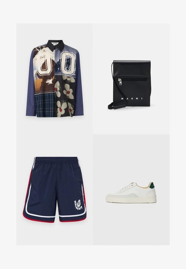 Multicolored button-up shirt featuring a mix of patterns, including floral and graphic prints, with a black collar and long sleeves.; Navy blue swim shorts with white and red side stripes, elastic waistband, and a logo featuring an ice cream cone on the front.; White sneaker with suede accents, rounded toe, flat laces, and a cream rubber sole. Features green branding on the heel.; Black leather crossbody bag with a zippered front pocket, embossed logo, and adjustable strap. Smooth texture with a structured shape.