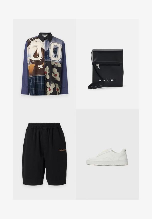 Többszínű, gombos ing, amely különböző minták keverékét mutatja, beleértve a virágos és grafikus nyomatokat, fekete gallérral és hosszú ujjakkal.; Fekete pamut rövidnadrág elasztikus derékkal, egyenes szabással és oldalsó zsebekkel. Elöl narancssárga hímzésű "No Problemo" felirattal rendelkezik.; Fehér bőr sportcipő sima felülettel, kerek orral, lapos fűzőkkel és texturált talppal. Finom logó található a sarokon.; Fekete bőr keresztpántos táska cipzáras elülső zsebbel, dombornyomott logóval és állítható pánttal. Simább textúra, amelynek strukturált alakja van.