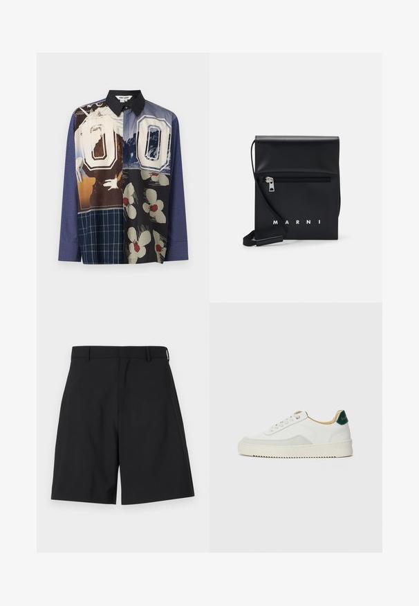 Mitmevärviline nööpidega särk, mis sisaldab erinevaid mustreid, sealhulgas lille- ja graafilisi trükiseid, musta kraega ja pikkade varrukatega.; Mustad mustad ja sujuvast kangast lühikesed püksid, millel on kohandatud disain, lamedad eesosa ja kaks küljetaskut, ning tavaline vöökoht.; Valged tennisjalanõud, millel on sametised aktsendid, ümar varvas, lame nöörid ja kreemjas kummine põhja. Hästi nähtav roheline bränding kannal.; Mustmust nahast õlakott, millel on tõmblukk eesmine tasku, embosseeritud logo ja reguleeritav rihm. Sile tekstuur koos struktureeritud kujuga.