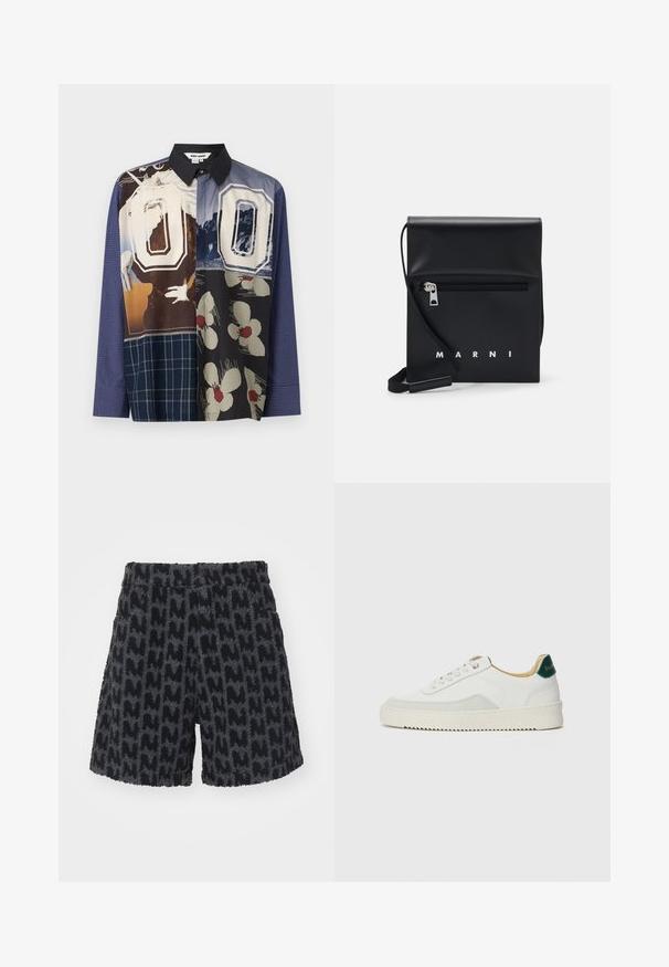 Multicolored button-up shirt featuring a mix of patterns, including floral and graphic prints, with a black collar and long sleeves.; Fuzzy black and gray shorts with a textured pattern resembling the letter "M." Feature a waistband with a button and side pockets.; White sneaker with suede accents, rounded toe, flat laces, and a cream rubber sole. Features green branding on the heel.; Black leather crossbody bag with a zippered front pocket, embossed logo, and adjustable strap. Smooth texture with a structured shape.