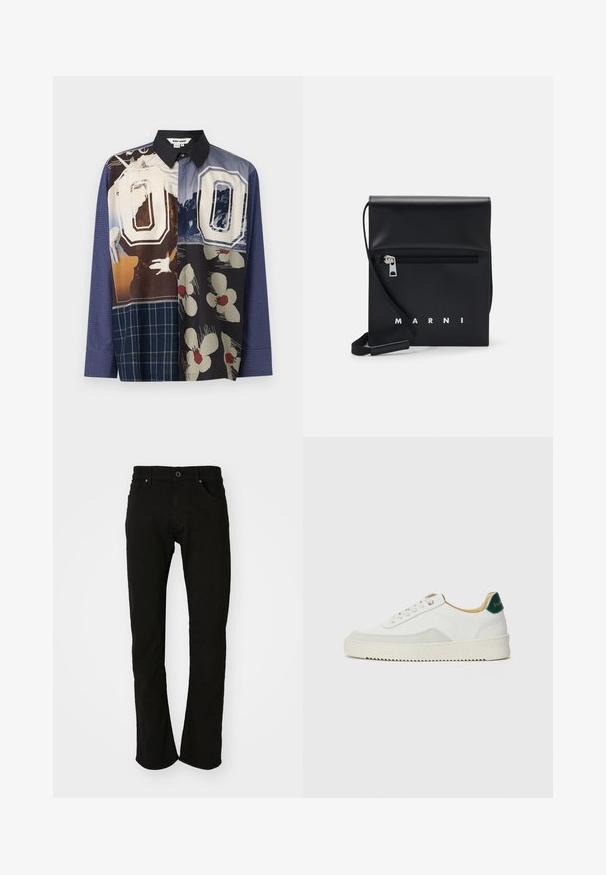 Camisa de botones multicolor que presenta una mezcla de patrones, incluyendo estampados florales y gráficos, con un cuello negro y mangas largas.; Pantalones vaqueros de mezclilla negra con corte recto, que cuentan con una pretina clásica, bolsillos frontales y una textura suave. Sin patrones o acentos visibles.; Zapatilla blanca con acentos de ante, puntera redondeada, cordones planos y suela de goma color crema. Presenta un logo verde en el talón.; Bolso de hombro de cuero negro con un bolsillo frontal con cremallera, logo en relieve y correa ajustable. Textura suave con una forma estructurada.