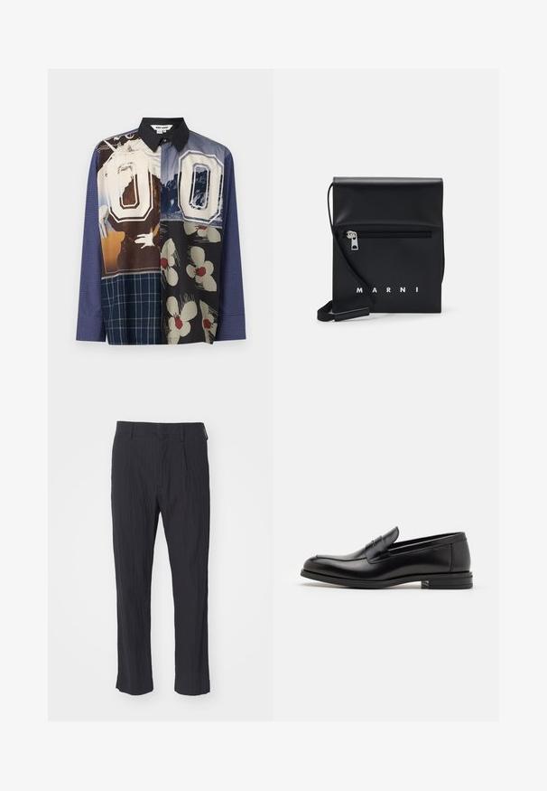Mehrfarbiges Hemd mit Knopfleiste, das eine Mischung aus Mustern wie Blumen- und Grafikdrucks zeigt, mit einem schwarzen Kragen und langen Ärmeln.; Schwarze plissee Hosen aus strukturiertem Stoff, mit geradem Bein und normalem Bund. Keine sichtbaren Taschen oder Beschläge.; Schwarze Lederloafers mit glatter Textur, rundem Zehenbereich und einem dekorativen Riemen über dem Vorderfuß. Niedriger, gestapelter Absatz, minimalistisches Design.; Schwarze Leder-Crossbody-Tasche mit einer Reißverschlusstasche vorne, geprägtem Logo und verstellbarem Tragegurt. Glatte Oberfläche mit strukturierter Form.