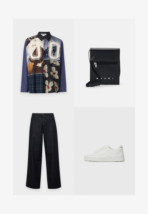Multicolored button-up shirt featuring a mix of patterns, including floral and graphic prints, with a black collar and long sleeves.; Dark blue wide-leg jeans made from denim. Features a button closure, belt loops, and front pockets. Smooth texture with minimal visible stitching.; White leather sneaker with a smooth finish, round toe, flat laces, and a textured sole. Features a subtle logo on the heel.; Black leather crossbody bag with a zippered front pocket, embossed logo, and adjustable strap. Smooth texture with a structured shape.