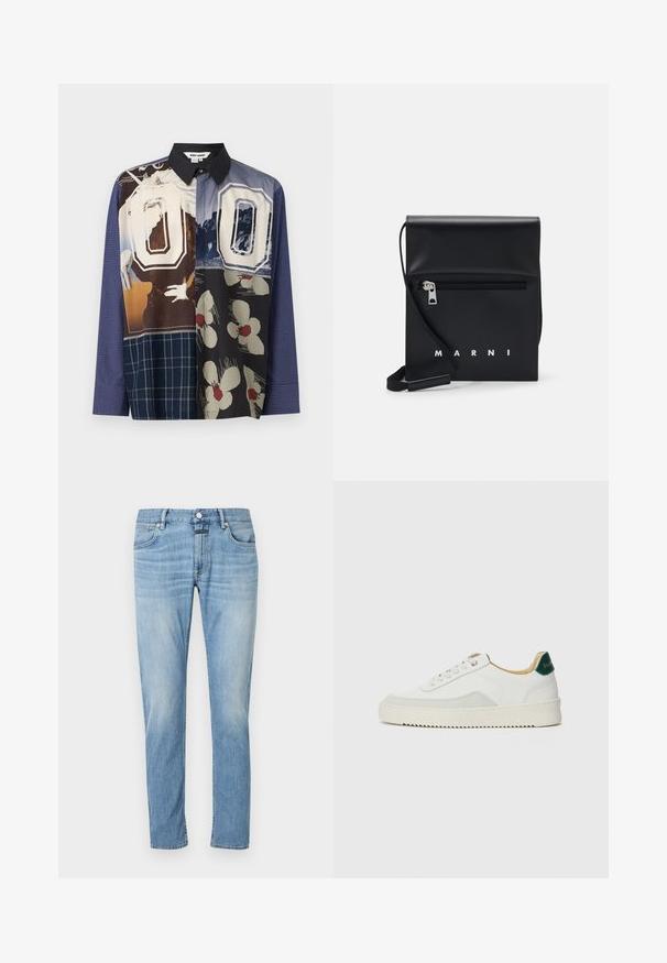 Multicolore overhemd met knoopsluiting met een mix van patronen, waaronder bloemmotieven en grafische prints, met een zwarte kraag en lange mouwen.; Lichtblauwe denim jeans met een rechte pasvorm, vijf zakken en zichtbare stiksels. De stof lijkt zacht met een vervaagde afwerking.; Witte sneaker met suède accenten, ronde neus, platte veters en een crème rubberen zool. Bevat groene branding op de hiel.; Zwarte leren schoudertas met een ritsvak aan de voorkant, reliëflogo en verstelbare schouderband. Soepele textuur met een gestructureerde vorm.