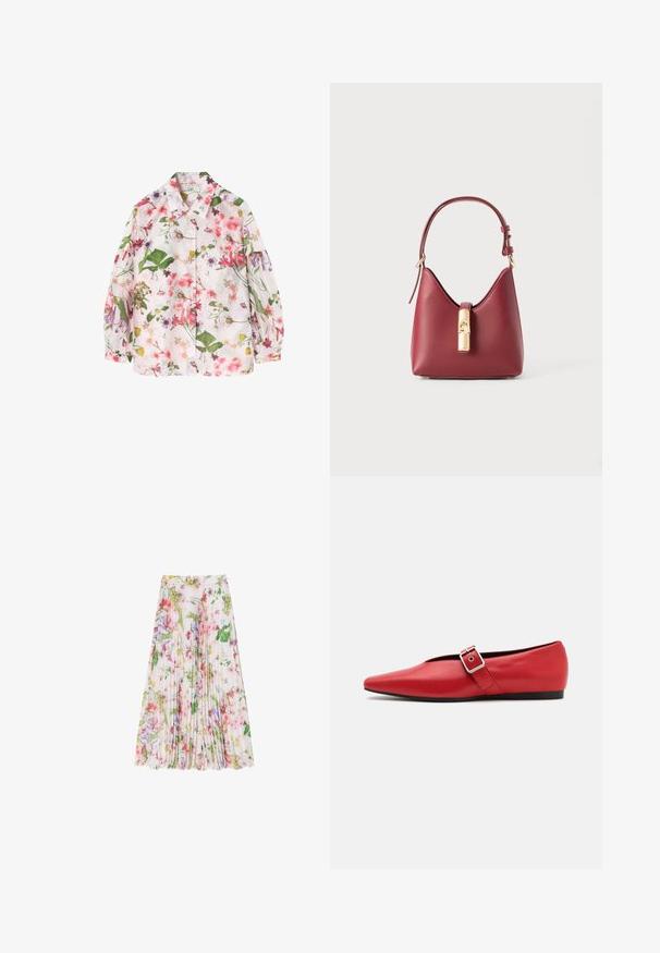 Blomster-mønstret skjorte med en lys pink baggrund, der har grønne blade og forskellige farverige blomster. Knappet design, lange ærmer.; Blomstrede plisserede nederdel i let stof, der har en blanding af lyserøde, grønne og lilla nuancer. Går til lige under knæet med en samlet talje.; Røde læder flade sko med spids tå, der har en sidelås med en metalspænde og en lav sort hæl. Glat tekstur hele vejen rundt.; Rød læderhåndtaske med en karakteristisk buet form, justerbar rem og guldtone-låsdetalje foran. Glat tekstur, minimalistisk design.; Guldtonet Michael Kors ur med et rundt urkasse, metal-lænkearmbånd, minimalistisk urskive, tre sub-urværker og datovisning ved kl. 6.